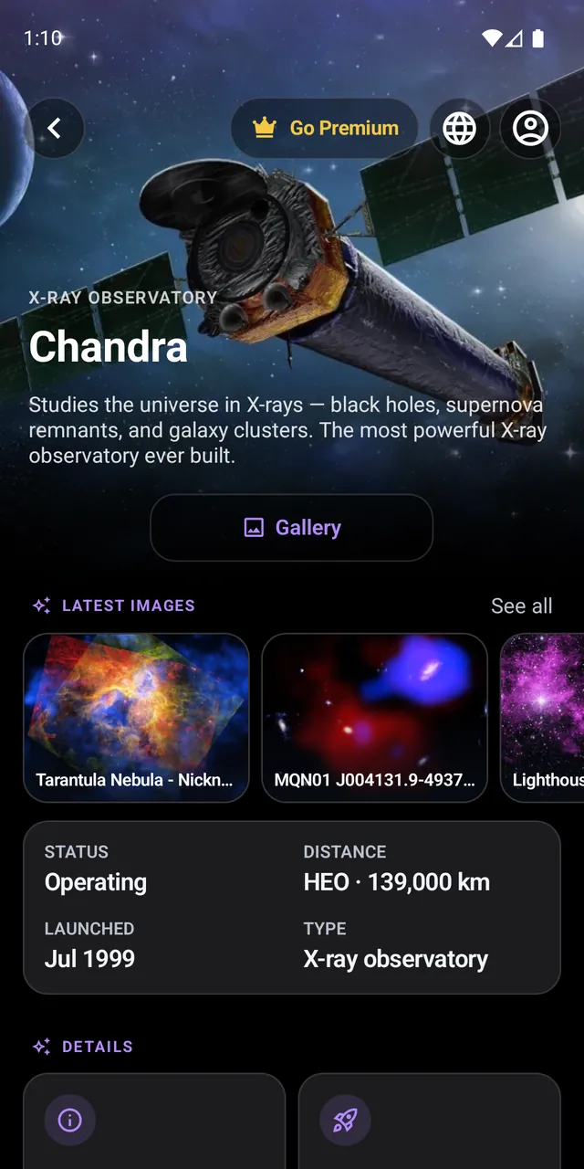 Pantalla de la misión Chandra en la app original Space Telescope