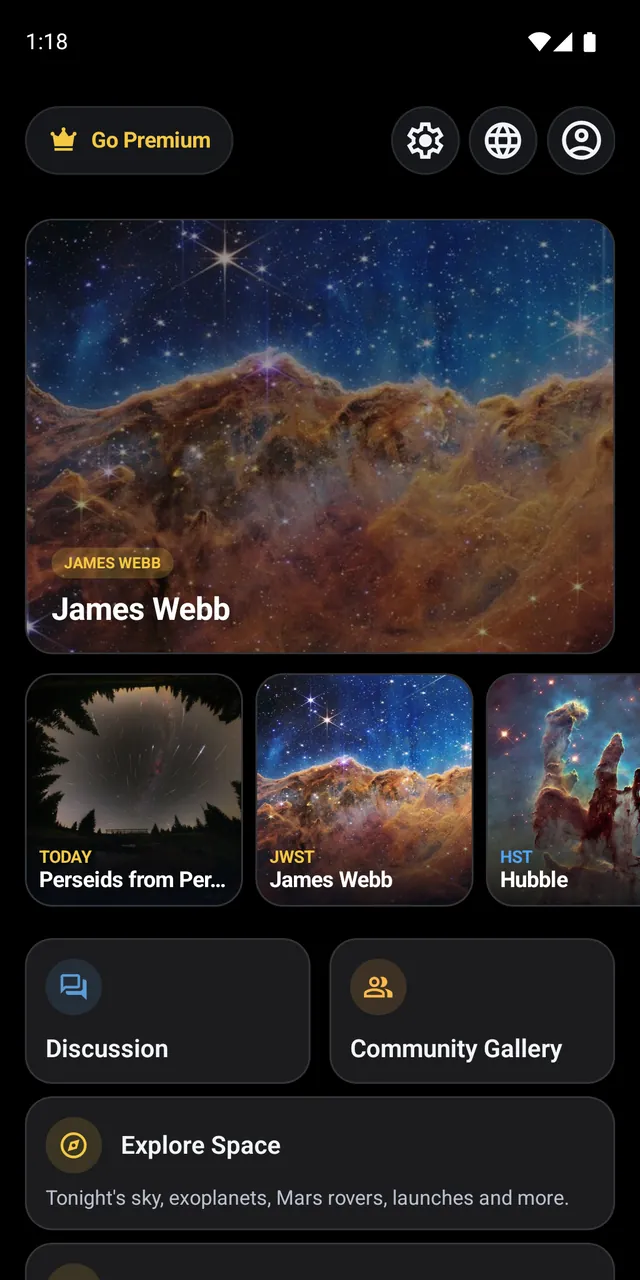 Pantalla de inicio de la app original Space Telescope