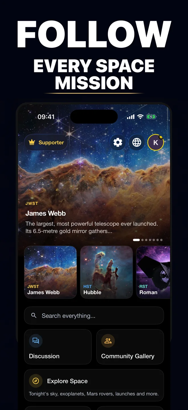 Space Telescope app home screen featuring James Webb and other observatories