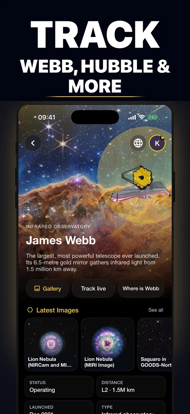 James Webb mission screen with live tracking and the latest telescope images
