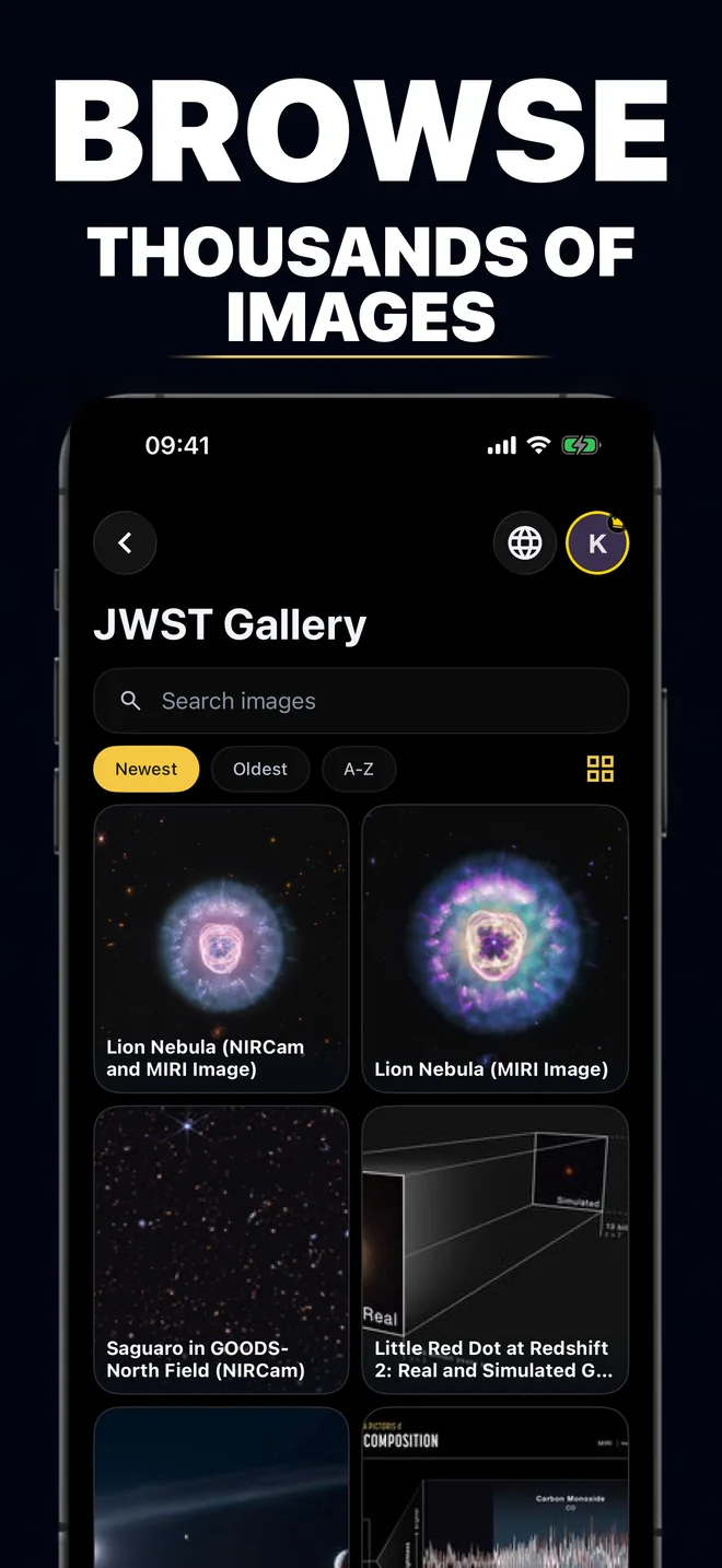 James Webb image gallery with search, filters and a two-column image grid