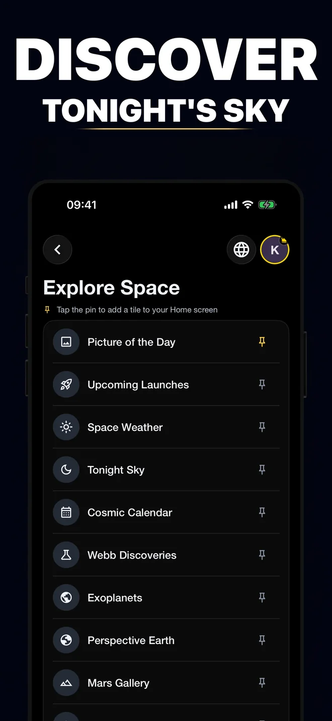 Explore Space screen listing daily images, launches, space weather and sky tools