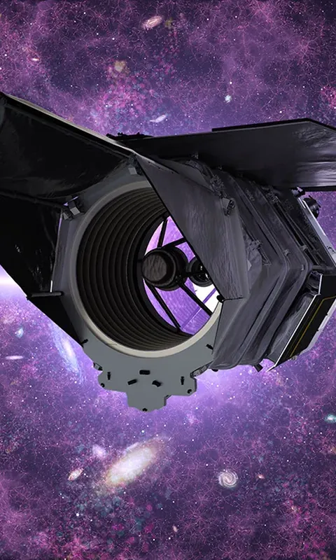 Artist concept of the Nancy Grace Roman Space Telescope against the cosmic web
