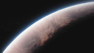 Artist's concept of hot Jupiter WASP-17 b, its banded cloud tops lit along a glowing crescent limb against deep space.