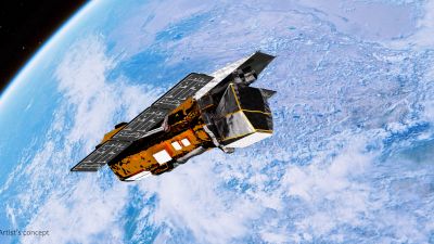 Concepto artistico del Observatorio Neil Gehrels Swift de la NASA en orbita sobre la Tierra