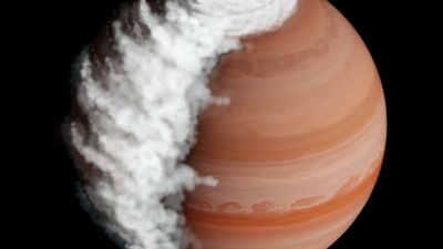 Artist's concept of hot Jupiter exoplanet WASP-94A b with a band of magnesium silicate clouds at the day-night terminator.