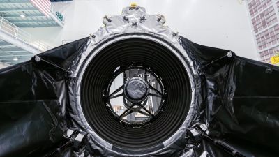 Close-up view of the Nancy Grace Roman Space Telescope's primary mirror inside its housing at NASA Goddard Space Flight Center.