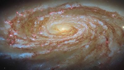 Hubble image of spiral galaxy Messier 88 (M88), tilted at an angle, with tightly-wound blue spiral arms swirling from a glowing center, crossed by red dust lanes and pink star-forming regions.