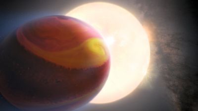 Artist's impression of ultra-hot Jupiter exoplanet WASP-121 b (Tylos) orbiting its host star, with banded atmosphere in red, yellow and orange.