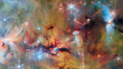 Webb NIRCam image of OMC-2, the Orion Molecular Cloud-2 filament, showing protostars, outflows, and gas clouds across every stage of star formation.