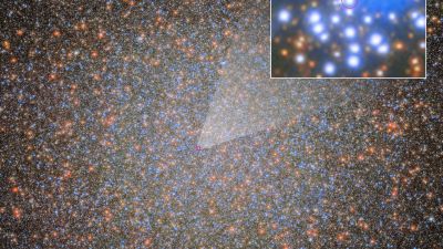 Hubble image of globular cluster Omega Centauri with a red-circled inset marking the visible companion star of oMEGACat BH-2, the first stellar-mass black hole detected in the cluster.