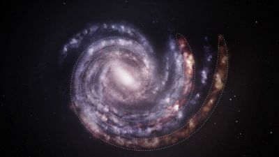 Artist illustration overlaying NASA Chandra and ESA XMM-Newton revised positions of the Milky Way's Outer and Outer Scutum-Centaurus spiral arms on the previous face-on model of the galaxy.