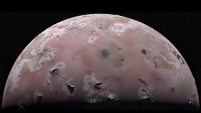 NASA Juno spacecraft view of the north polar region of Jupiter's volcanic moon Io, captured during the December 30, 2023 close flyby.