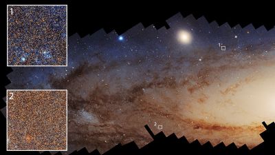 Hubble Space Telescope view of part of the Andromeda galaxy (M31) showing its disk, dust lanes, and the satellite galaxy M32.