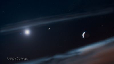 JWST NIRSpec reconstructed image of the Beta Pictoris system: host-star light blocked at center, planet Beta Pictoris b left of center, newly discovered Beta Pictoris d to the right, dashed circle marks Neptune's orbit for scale.