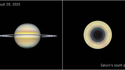 Imagenes del Telescopio Espacial Hubble que muestran Saturno y su polo sur, donde una onda atmosferica de 10 lados forma un decagono oscuro rodeado de bandas anaranjadas.
