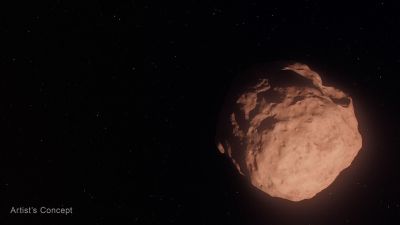 Concepto artístico de un objeto transneptuniano: un pequeño cuerpo helado y rocoso de tono rojizo, cubierto de cráteres, que orbita el Sol más allá de Neptuno sobre un fondo de estrellas.