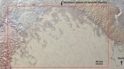 Sputnik Planitia, el glaciar de hielo de nitrógeno en la región en forma de corazón de Plutón, captado por la nave New Horizons de la NASA en 2015.