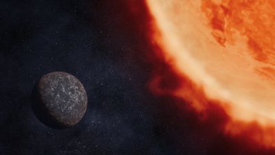 Ilustración artística del exoplaneta LHS 3844 b en silueta frente a su estrella enana roja anfitriona