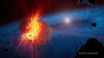 Artist's concept of a catastrophic collision between two rocky bodies in an extreme debris disk, with glowing molten material and dust scattering around a young star.
