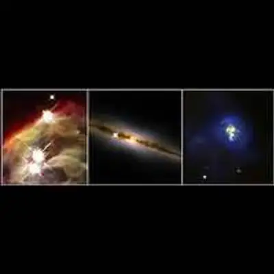 Composite Imageof the Cone Nebula, Edge-On Galaxy NGC 4013, and Galaxy IRAS 19297-0406