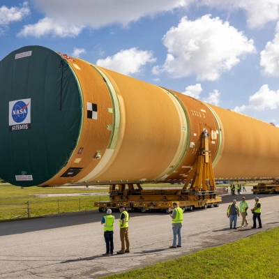 NASA’s top four-fifths of the SLS (Space Launch System) core stage for the Artemis III mission is offloaded from the...