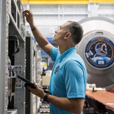 NASA astronaut Anil Menon participates in a training session at Johnson Space Center