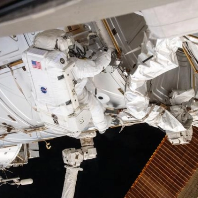Astronaut Butch Wilmore works outside the International Space Station