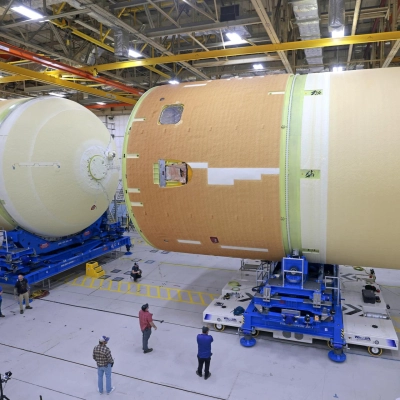 Teams with Boeing – NASA’s Prime Contractor for the agency’s SLS (Space Launch System) rocket – mate the forward and...