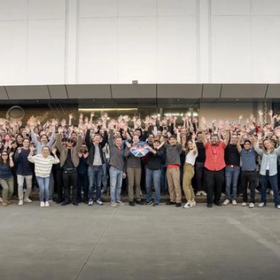 jsc2025e011330 - The crew members of NASA's SpaceX Crew-10 mission pose for a photo with members of the SpaceX workforce during a sendoff at the SpaceX facility in Hawthorne, California ahead of their mission to the International Space Station. Credit: Sp