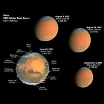 Four Epochs of the Global Dust Storm with Martian Features Identified