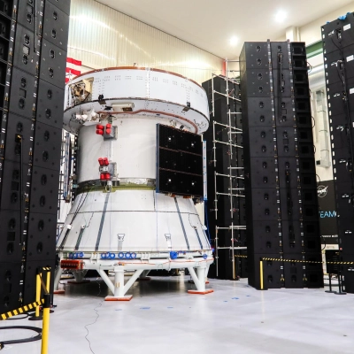 The European Service Module for NASA’s Artemis III mission undergoes acoustic testing inside the Neil A. Armstrong Operations and Checkout...