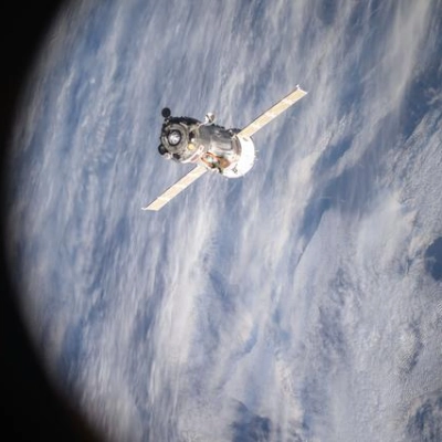 The Soyuz MS-26 spacecraft backs away from the International Space Station
