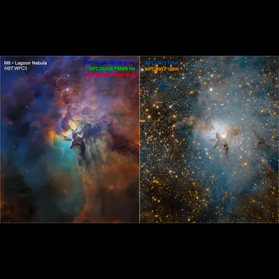 Lagoon Nebula (Visible-light View vs. Infrared View)