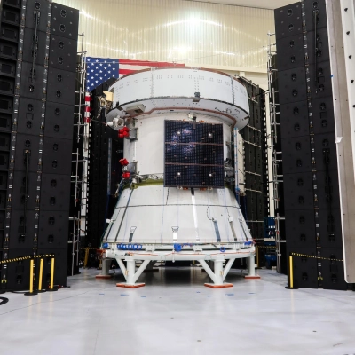 The European Service Module for NASA’s Artemis III mission undergoes acoustic testing inside the Neil A. Armstrong Operations and Checkout...