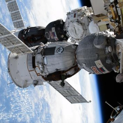 Two Soyuz crew ships are pictured docked to the International Space Station
