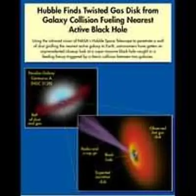 Hubble Finds Twisted Gas Disk from Galaxy Collision Fueling Nearst Active Black Hole