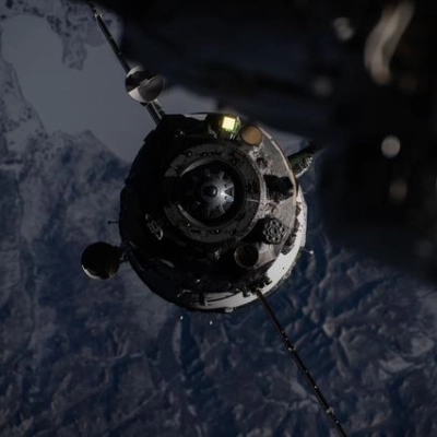 The Soyuz MS-27 spacecraft backs ways from the International Space Station