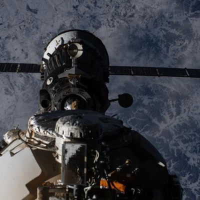 The Soyuz MS-27 spacecraft backs ways from the International Space Station