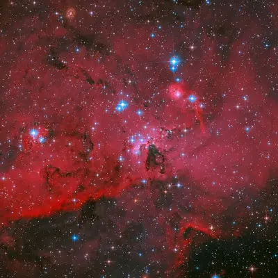 NASA’s Hubble Captures Crimson Cloud Sparkling with White, Blue Stars