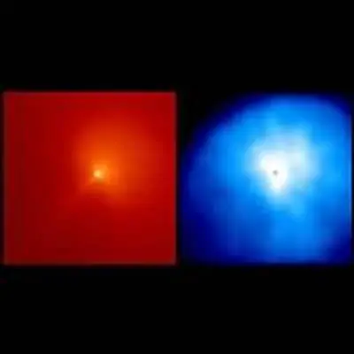 The Inner Coma of Comet Hyakutake: Sunlight Scattered By Dust (left) and Ultraviolet Radiation From Hydrogen (right)