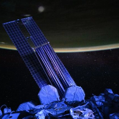 Moonlit, violet-hued view of the International Space Station’s main solar arrays