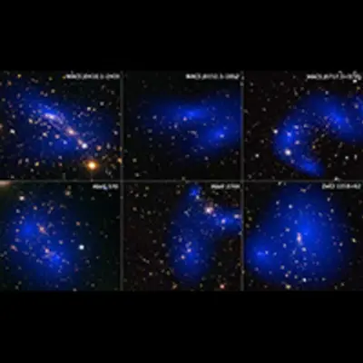 Six Cluster Collisions, with Dark-Matter Maps (Hubble – Annotated)