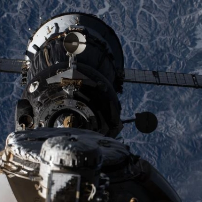 The Soyuz MS-27 spacecraft backs ways from the International Space Station