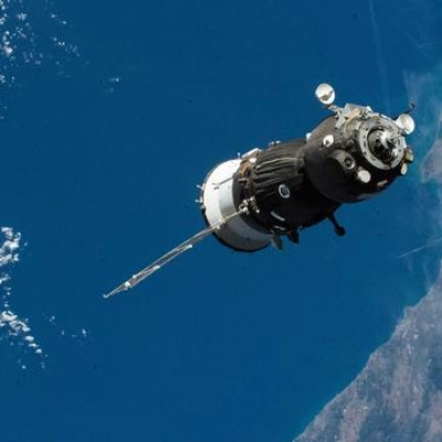 The Soyuz MS-28 crew spacecraft approaches the International Space Station
