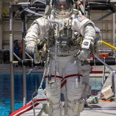 NASA astronaut Anil Menon participates in a spacewalk training session