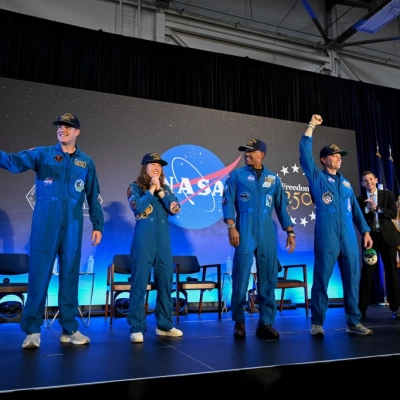 Date: April 11, 2026 Subject: Artemis-02 Crew Return Ceremony Location: Ellington Field Photo Credit: NASA/Helen Arase Vargas