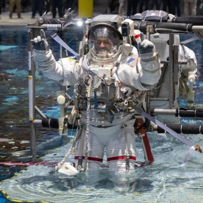 NASA astronaut Anil Menon participates in a spacewalk training session