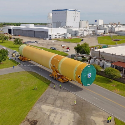 NASA moved the core stage, or the largest section, of the SLS (Space Launch System) rocket that will launch the...