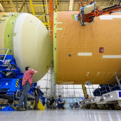 Teams with Boeing – NASA’s Prime Contractor for the agency’s SLS (Space Launch System) rocket – mate the forward and...